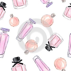 Watercolor oink and orange perfume bottles seamless pattern on white background photo