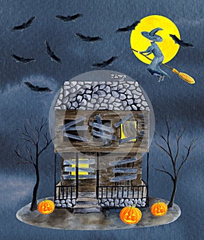 Watercolor old abandoned haunted house with boarded and glowing windows, bare trees, pumpkins, full moon, witch, bats on