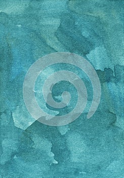 Watercolor old deep emerald background texture. Aquarelle abstract sea green backdrop. Brush strokes on paper