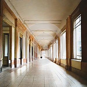 Watercolor of an old empty shopping mall corridor building with style decorations