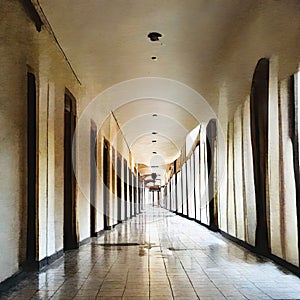 Watercolor of an old empty shopping mall corridor building with style decorations