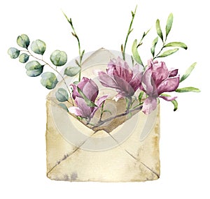 Watercolor old envelope with spring greenery, eucalyptus and magnolia. Hand painted floral card with flower, silver