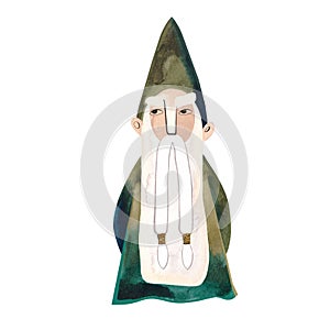 Watercolor old gnome in green costume. Wizard. Druid. Isolated illustration. Clipart. Raster illustration for packaging, greeting