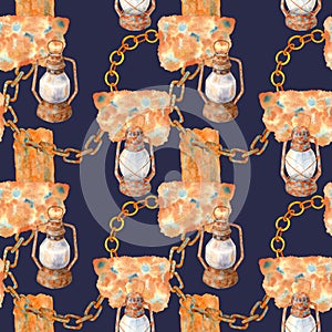 Watercolor old lamps, chain and rusty texture seamless pattern. Hand painted kerosene lanterns with chain links isolated on dark