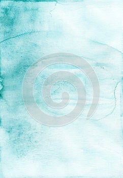 Watercolor old light sea green and white gradient background texture. Stains on paper