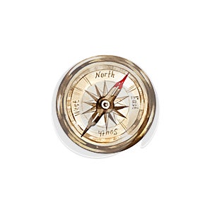 watercolor old metal navigation compass with cardinal direction, vintage brown compass, naval equipment, captain, sailor