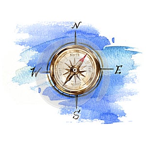 watercolor old metal navigation compass with cardinal direction, vintage brown compass on watercolor blue splash, naval