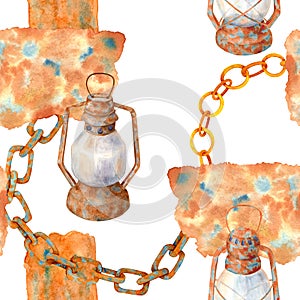 Watercolor old rusty lamps and chain seamless pattern. Hand drawn vintage kerosene lanterns with chain links isolated on