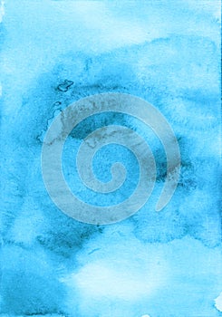 Watercolor old turquoise background texture. Aquarelle stains on paper. Liquid blue and white overlay