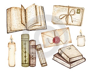 Watercolor old vintage book, letter envelopes, candles isolated on white