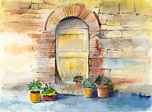 Watercolor old vintage door, brick wall and some colorful home plants