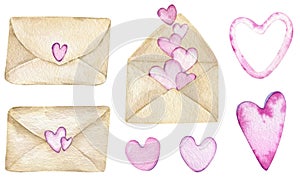Watercolor old vintage envelopes with pink hearts. Valentine's day decoration. Love clipart.