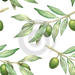 Watercolor olive branch seamless pattern
