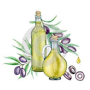 Watercolor olive oil Glass bottle and olives branch logo composuition isolated on a white background. Black olives