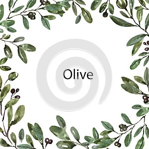 Watercolor olive tree frame on white background. hand painted olive branches, lives, foliage for wedding design, greeting cards