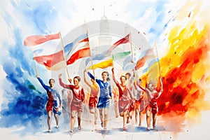 Watercolor Olympics: Athletes and National Flags.