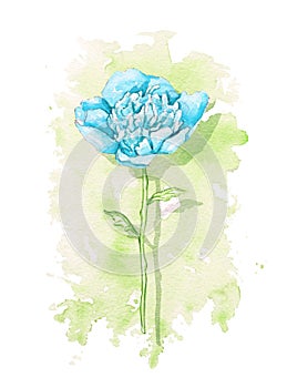 Watercolor one vintage blue flower on green stain backdrop