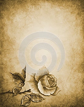 Watercolor with one vintage rose in retro style in sepia monochrome