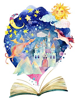 Watercolor open book with magic cloud.