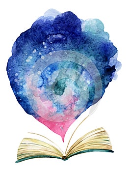 Watercolor open book with magic cloud.