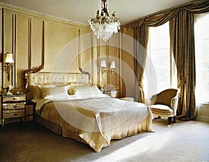 Watercolor of Opulent bedroom adorned in sophisticated