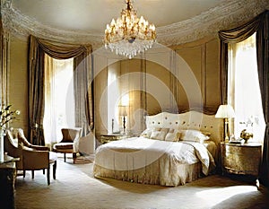 Watercolor of Opulent bedroom adorned in sophisticated