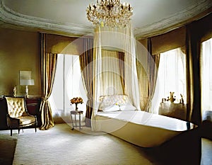 Watercolor of Opulent bedroom adorned in sophisticated