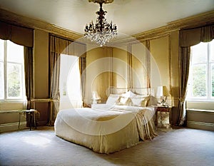 Watercolor of Opulent bedroom adorned in sophisticated