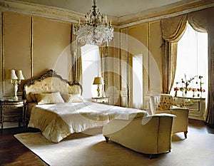 Watercolor of Opulent bedroom adorned in sophisticated