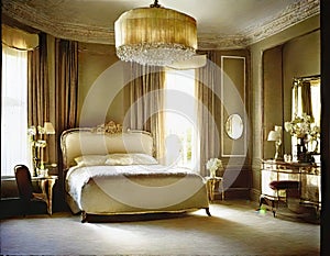 Watercolor of Opulent bedroom adorned in sophisticated