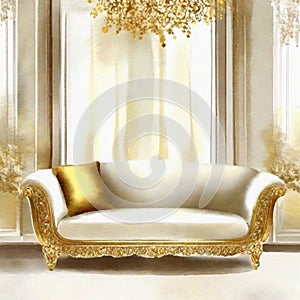 Watercolor of Opulent gold white living room with plush