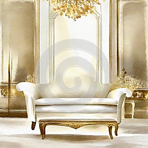 Watercolor of Opulent gold white living room with plush