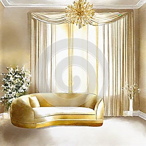 Watercolor of Opulent gold white living room with plush