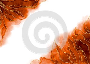 Watercolor Orange background drawn by brush. Golden shiny veins and cracked marble texture. Elegant luxury wallpaper for design,