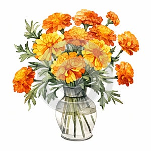 Watercolor Orange Carnations In A Glass Vase - Colorful And Iconic