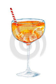 Watercolor orange cocktail drink in glass with ice and slice of lemon, cut out