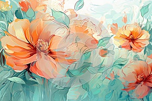 Watercolor orange flowers on aquamarine background. Drawn floral illustration.