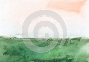 Watercolor orange and green background texture. Abstract watercolour landscape. Stains on paper, hand painted. Minimalist backdrop