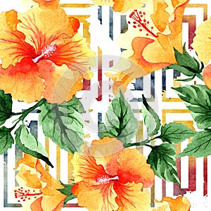 Watercolor orange naranja hibiscus flowers. Floral botanical flower. Seamless background pattern.