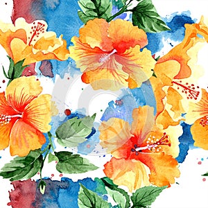 Watercolor orange naranja hibiscus flowers. Floral botanical flower. Seamless background pattern.