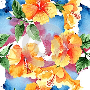 Watercolor orange naranja hibiscus flowers. Floral botanical flower. Seamless background pattern.