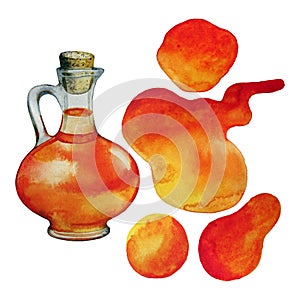 Watercolor orange oil spots and jar