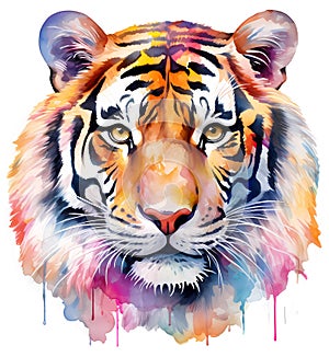 Watercolor orange, pink blue tiger portrait painting. Realistic wild animal illustration on white background