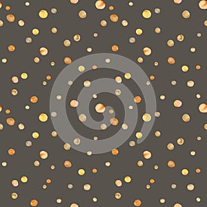 Watercolor orange polka dots on khaki background. Seamless pattern.