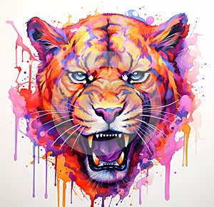 Watercolor orange and purple angry lioness mascot portrait colorful painting. Realistic wild animal illustration on