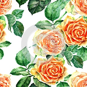 Watercolor orange rose with leaves. Floral seamless pattern. White background.