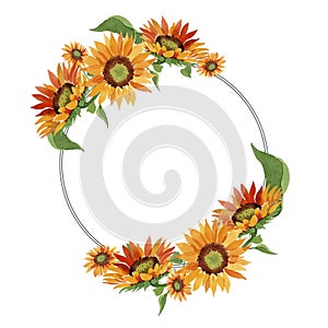 Watercolor orange sunflower flower. Floral botanical flower. Frame border ornament square.