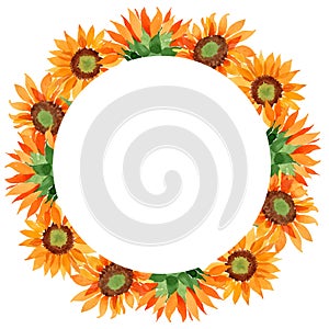 Watercolor orange sunflower flower. Floral botanical flower. Frame border ornament square.