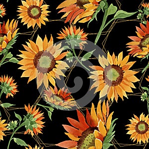 Watercolor orange sunflower flower. Floral botanical flower. Seamless background pattern.