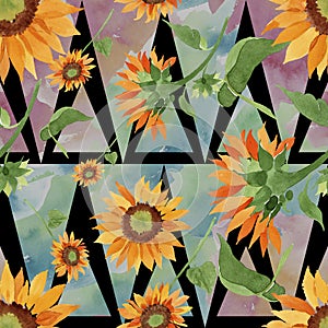 Watercolor orange sunflower flower. Floral botanical flower. Seamless background pattern.